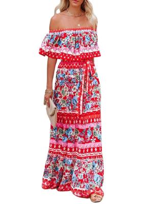 China One-Shoulder Sustainable Print Long Swing Women's Dress Plus Size Boho Resort Dress for sale