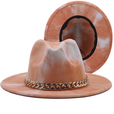 China Picture Fashion Wool Felt Fake Fedora 2 Different Tone Color Brim Women Felt Hat Hats With Metal Chain for sale