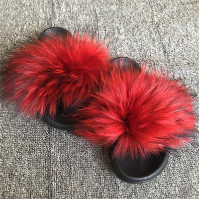 China Fashion trend chinese factory raccoon fur big and fluffy purses slides slipper with high quality for sale