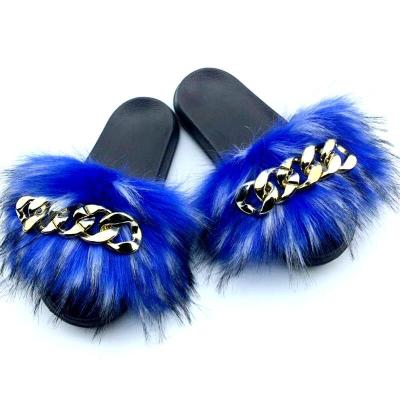 China High Quality Women's Maids Sandal Slipper Faux Fur Slides Fox Anti-Slip Flat Unisex Slippers With Chain for sale