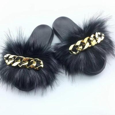 China Wholesale Fluffy Fox Faux Fur Good Quality Real Children Anti-skid Slippers Slides With Chain for sale