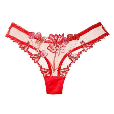 China Breathable Temptation T Women's Panties Sexy American Transparent Mesh Embroidery Full Pant Ladies Thong Women for sale