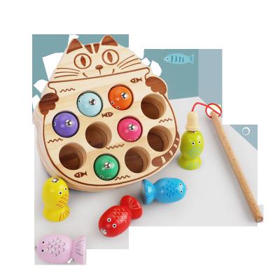 China Cute Math Early Preschool Toy Wooden Magnetic Fishing Game of Cat Shape Education Teaching Aids 15*13.5*4cm for sale