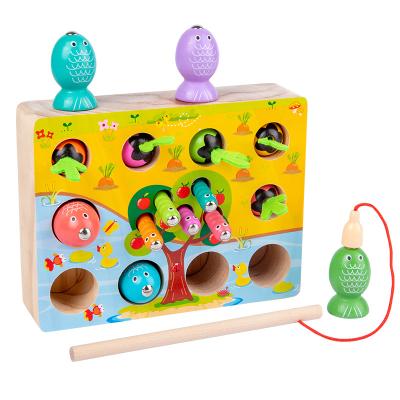 China Magnetic Wooden Three In One Board Fishing Toys Catch Worms Games Kids Color Knowledge Enlightenment Early Education Toys for sale