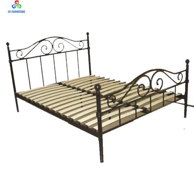 China Wholesale Metal Bed Bedroom Furniture Wrought Iron Double Bed With Wood Slats for sale