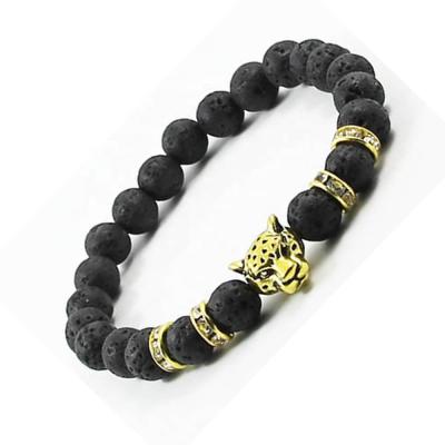 China MagEnery FASHIONABLE Natural Lava Stone Gold Lion Bead Adjustable Bracelet for sale