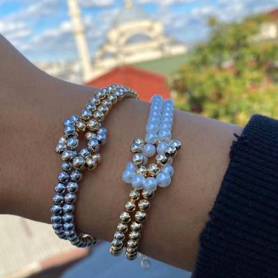 China TRENDY Copper Metal Double Layer Bead Copper Ball Fashion Pearl Knot Bracelet Women Slivery Slivery Chain Jewelry for sale