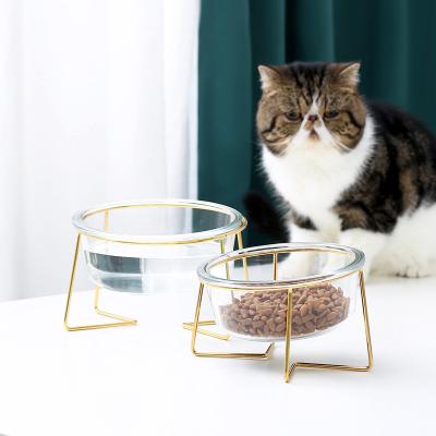 China Glass Ceramic Pet Bowls For Cats And Dogs Pet Feeder With Iron Gold Frame for sale