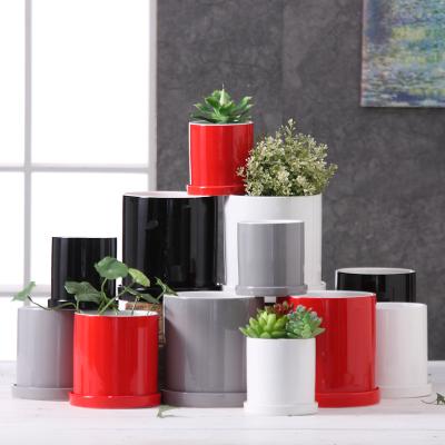 China 15cm Modern Colorful Cylindrical Flower Potted Plant Container With Ceramic Tray For Plants for sale