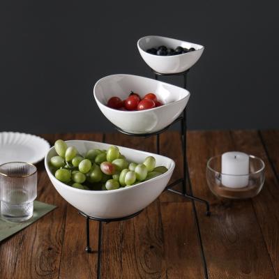 China Viable Wholesale Household Ceramic Fruit Bowl 3 Layers White Ceramic Fruit Dish Table Snack Fruit Dry Dish With Stand for sale