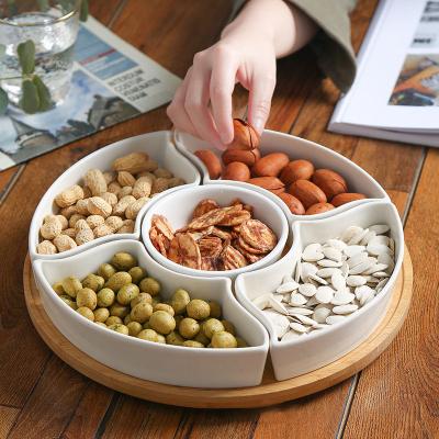 China 6 Compartment Round White Ceramic Dry Food Snack Dish Fruit Candy Serving Tray Porcelain Stocked Dishes with Wood Tray for sale