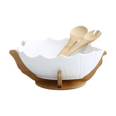 China Manufacturer Well Made White Ceramic Bowl Holder Stocked Leaf Shaped Wooden Salad Bowl for sale