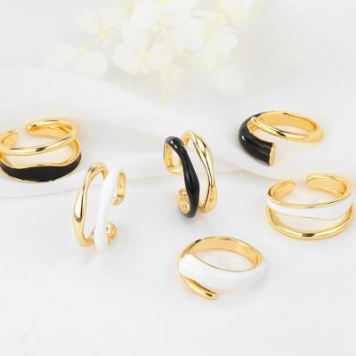 China TRENDY Fashion Korean Style 14K Gold Plated Adjustable Geometric Enamel White Women Black Ring for sale