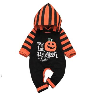 China Spandex/Polyester Newborn Baby Boy Girl Halloween Clothes Long Sleeve Hooded Halloween Pumpkin Striped Jumpsuit Rompers for sale