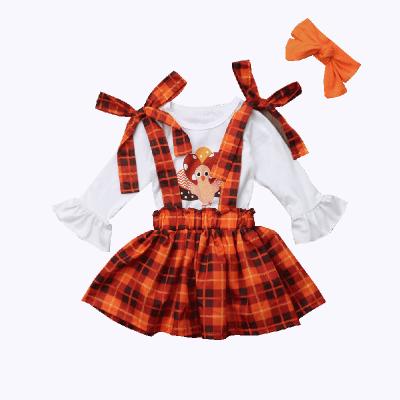 China Sustainable Sleeve Little Toddler Baby Ruffle Turkey Tops Suspender Girl Plaid Skirt Set Girls Thanksgiving Outfit for sale