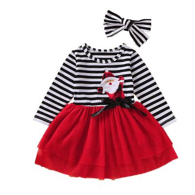 China Toddler Kids Christmas Clothes Viable Santa Striped Print Tulle Dress Headband Outfits Girl Christmas Dress for sale