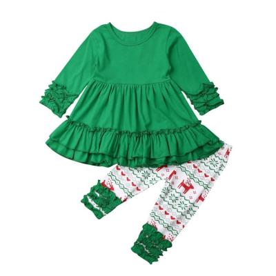 China Wholesale Sweet Toddler Christmas Fall Babies Clothes Christmas Deer Green Ruffle Tops Dress Pants Icing Set for sale