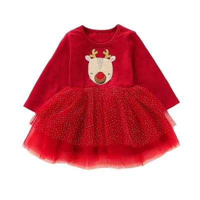 China Wholesale Breathable Infant Baby Toddler Baby Clothing Christmas Deer Print Clothes Long Sleeve Lace Tutu Mini Dress for sale