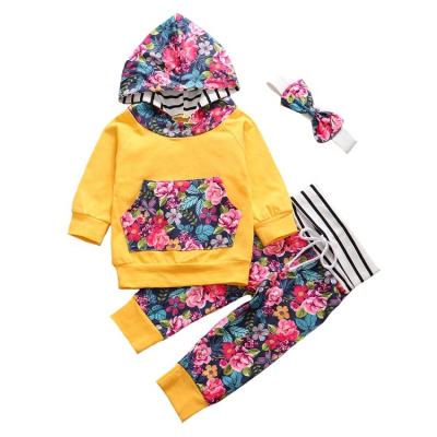 China Casual Infant Newborn Flower Print Winter Autumn Baby Long Sleeve Pants Hooded Headband Clothing Babies Outfit for sale