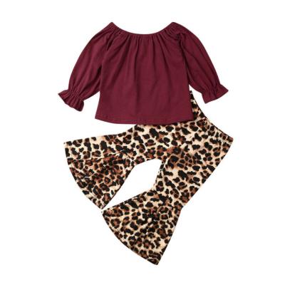 China New Baby Autumn Leopard Clothes Long Sleeve Toddler Holiday Party Full Girls T-shirt Flared Pants Set for sale