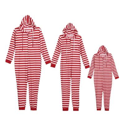 China Christmas Family One Piece Pajamas Baby Kid Sleepwear Hooded Red Striped Soft Christmas Adult Sleepwear for sale