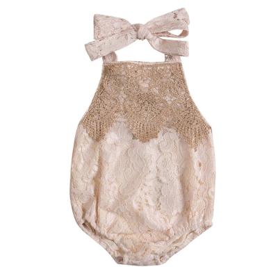 China 100% Baby Summer Cotton Newborn Infant Lace Romper Short Sleeve Snaps Jumpsuit for sale