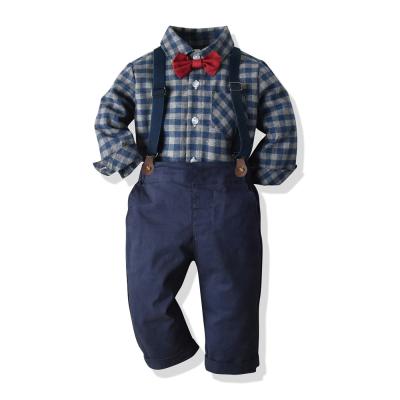 China Antibacterial British Gentleman Boys Plaid Suit For Korean Version With Bow Tie And Shirt Pants Strap for sale