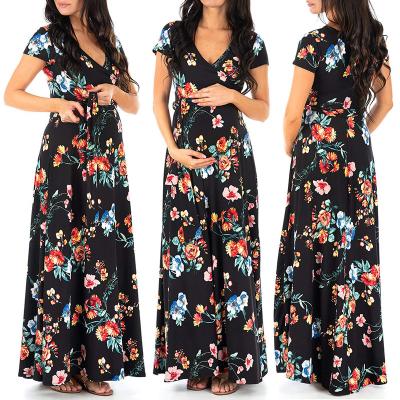 China New Elegant Women's Summer Radiation Protection Pregnant Women's Casual Nursing Dress Long Dress Floral Short Sleeve Maternity Fashion for sale