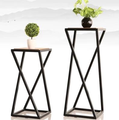 China Square Flower Stand Metal Flower Stand with Iron Base and Chinese Modern Style Wooden Top for Planter Stand High Quality for sale