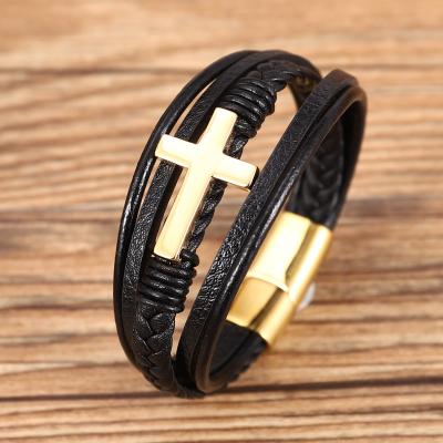 China CLASSIC Personalized Pendant Bracelet Men's PU Leather Multilayer Cross Charm Bracelet Kimter-Q288FZ for sale