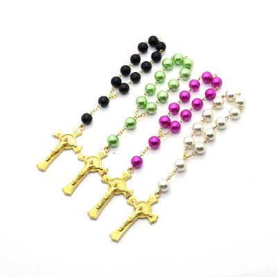 China BOHEMIA Religious Hanging Car Bracelet 8mm Alloy Acrylic Beaded Chain With Cross Pendant Rosary Bracelet Kimter-Q244FZ for sale