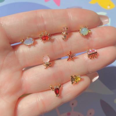 China Cute Gold Mini Colorful Zircon Earrings BOHEMIA Ocean Series Ear Jewelry Sea Bottom Animal Stud Women Girls Kimter-A1Z for sale