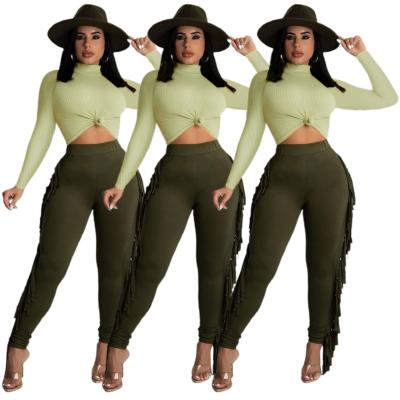 China Autumn Women Two Cheap Breathable 2 Piece Casual Pants Set Long Sleeve T-shirt And Tassel Long Pants Set Wholesale for sale