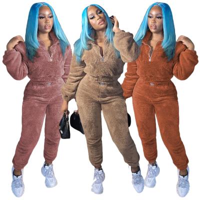 China 2021 Women Anti-UV Winter Tracksuits Sets Fur Fuzzy Sweatshirt And Long Pants Warm Women Sets Ladies Sports Jogging Suits for sale