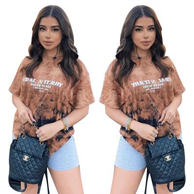 China Wholesale Breathable Summer Breathable Tie Dye Casual Loose Brown Letter Printed Women T-shirt Top for sale