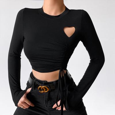 China Female Sense Slot Design Breathable Drawstring Pleated Long Sleeve Crop Bottom Hollow-out Black Crop Bottom T-Shirt for sale