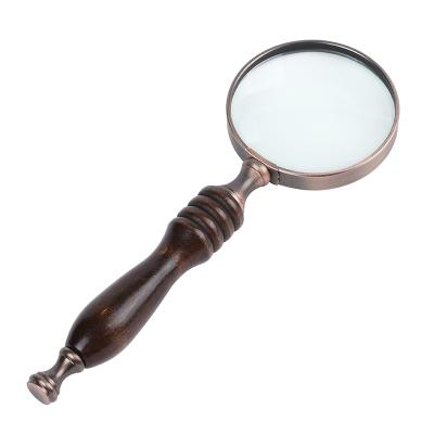 China Reading 6x72mm Antique Type Metal Frame Wooden Handle Optical Glass Lens Magnifier For Reading for sale