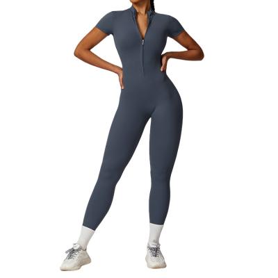 China QUICK DRY Custom Active Wear Quick Dry Breathable Zipper Short sleeve Leggings Jumpsuit Workout Rompers Sports Jumpsuits Women Bodysuits for sale