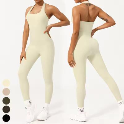 China QUICK DRY Halter Without Splicing Seam Butt Lift Sports Bodysuit Workout Fitness Jumpsuits One Piece Yoga Jumpsuit For Women With Pads for sale