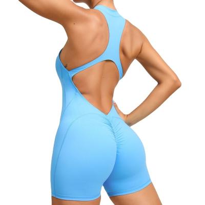 China Breathable Tik Tok Hot Sexy 1-Piece Gym Yoga Set Deep Round Neck Bra & Scrunch Butt Lift Shorts Push Booty Workout Jumpsuits for Women for sale