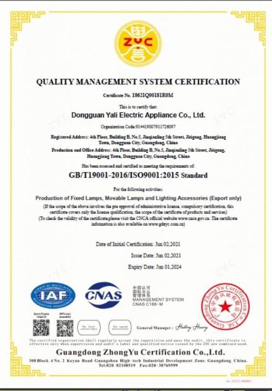 ISO9001 - Dongguan Yali Electric Appliance Limited