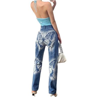 China Viable New Fashion Women's High Waist Straight Leg Pants Slim Casual Butterfly Pattern Printing Jeans Woman for sale