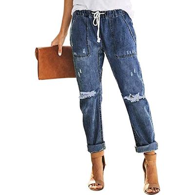 China Sustainable Jeans Women Mid Waisted Casual Distressed Drawstring Waist Loose Plus Size Spring Autumn Denim Jeans for sale