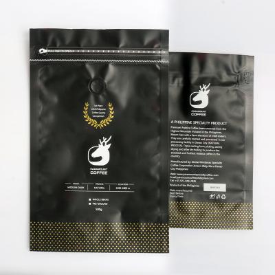 China OEM Disposable Flat Bottom 500g Flat Bottom Black Coffee Pouch Bag For Coffee With Duct Without Zipper for sale