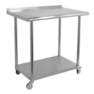 China Hotel buffet food equipment stainless steel double-layer workbench with wheels hotel kitchen countertops milk tea table for sale