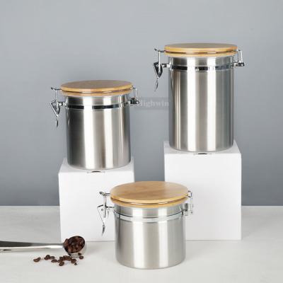 China Freshness Keeping Stainless Steel Lid Bamboo Kitchen Food Storage Airtight Canister Set for sale