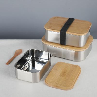 China Modern Bamboo Kitchen Food Storage Set Containers Stainless Steel Lid Bowl Set With Spoon for sale