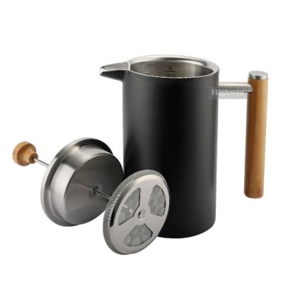 China China Viable Suppliers Double Handle Bamboo Custom French Press Wall Stainless Steel Black Paint Coffee Presser for sale