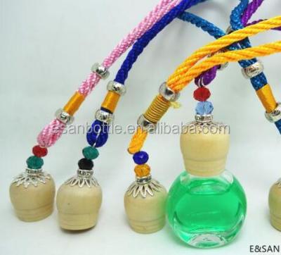 China Wholesale Diffuse Car Perfume Bottle FMA227 10ML Round Shape Wooden Cap With Bead Rope Glass Fill Empty Diffuse Car Perfume Hanging Bottle for sale