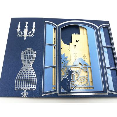 China Europe Luxury 3D Handmade Paper Cube Castle Greeting Cards Luxury Custom Printing Card Display Stand for sale